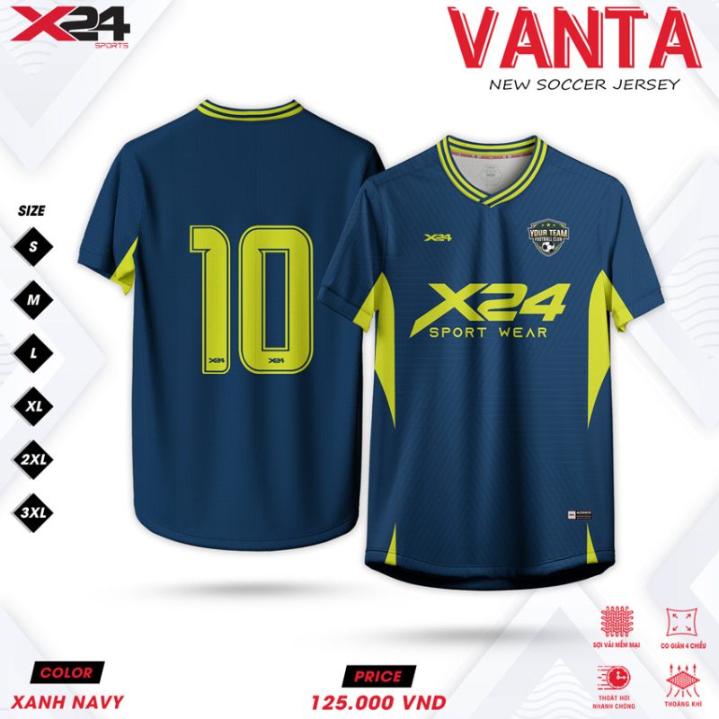 Áo bóng đá thể thao X24 – Xanh Navy phối Neon