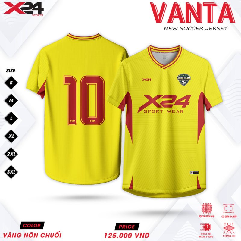 Áo bóng đá X24 Sports vàng neon phối đỏ đô – Năng động & máu lửa