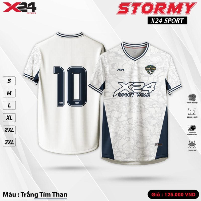 Áo bóng đá thiết kế STORMY X24 SPORT Trắng Tím Than