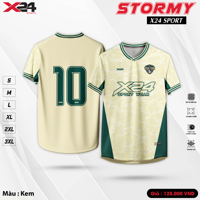 Áo bóng đá Stormy X24 màu kem phối xanh rêu – thiết kế mới cực chất và năng động